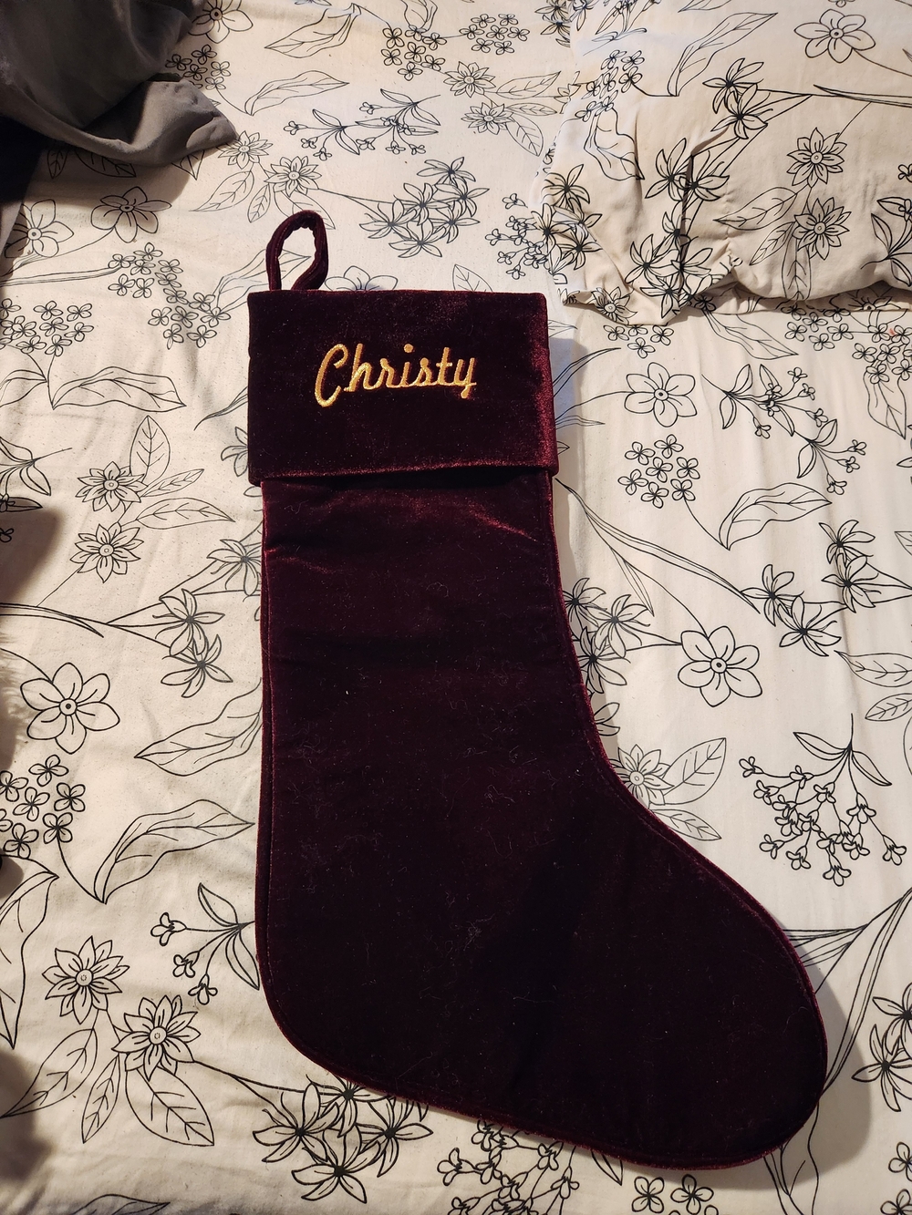 Personalized Velvet Holiday Stocking - Deep Burgundy with Gold Script